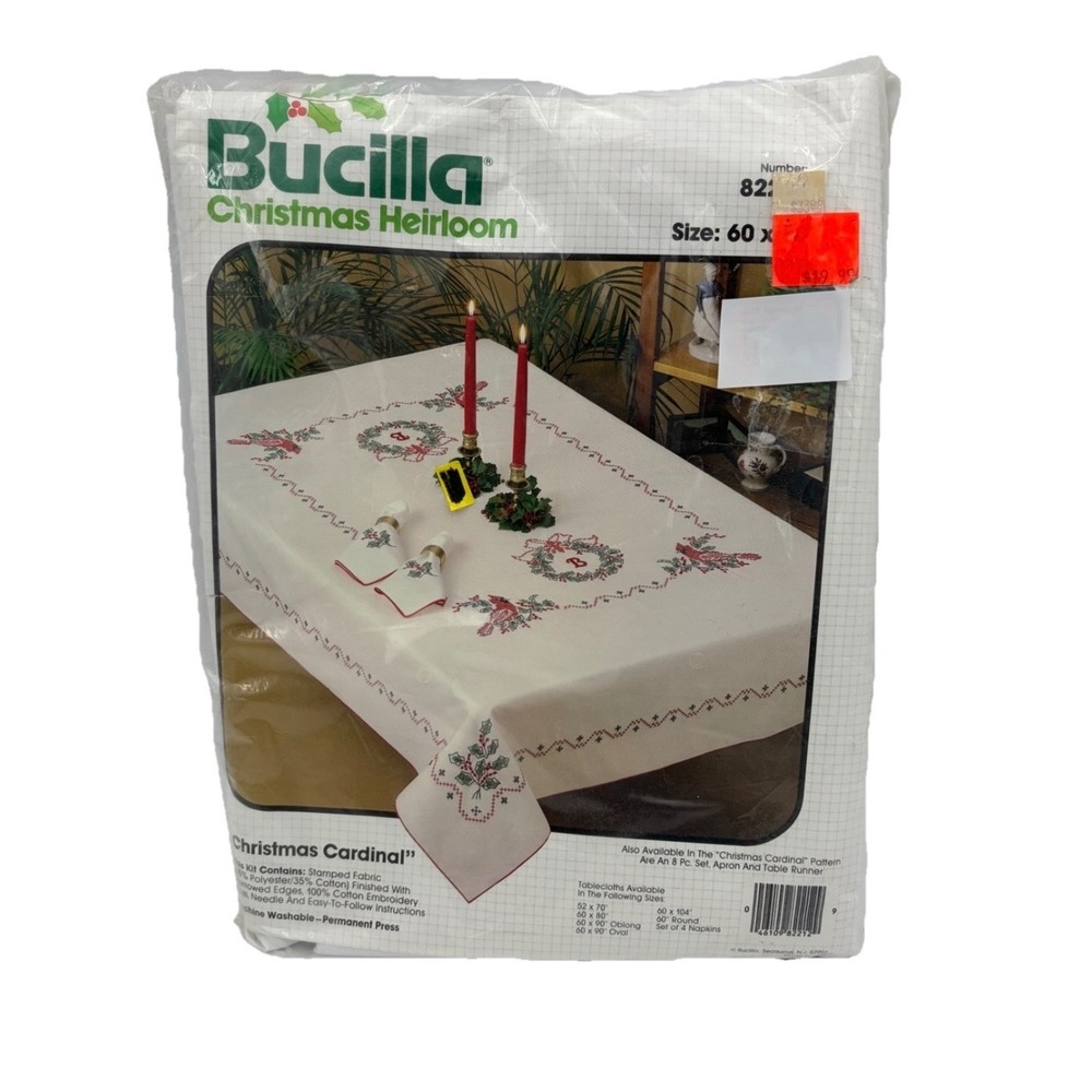 NEW Vintage Bucilla Christmas Cardinal Cross Stitch Tablecloth Kit 60x80 82212